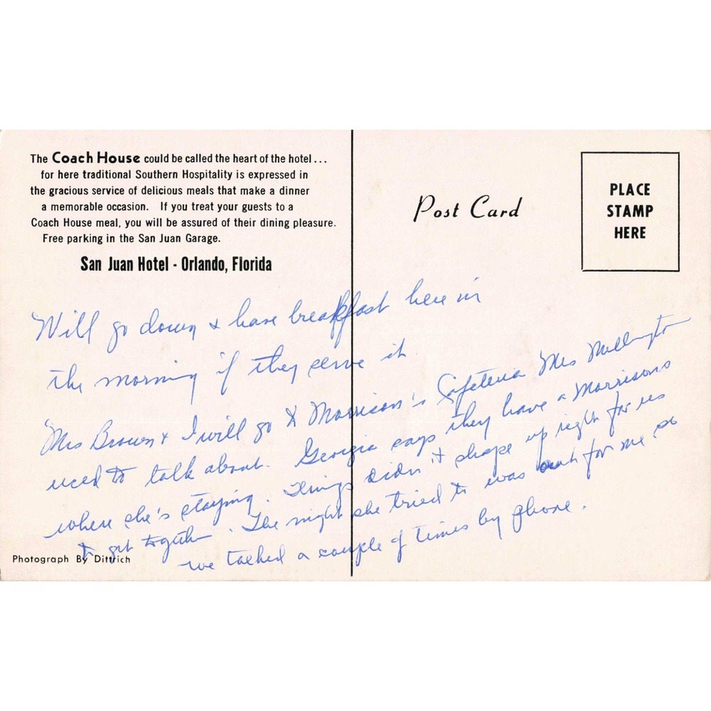 Vintage The Coach House San Juan Hotel Orlando Florida Postcard Interior Dining - Picture 2 of 2